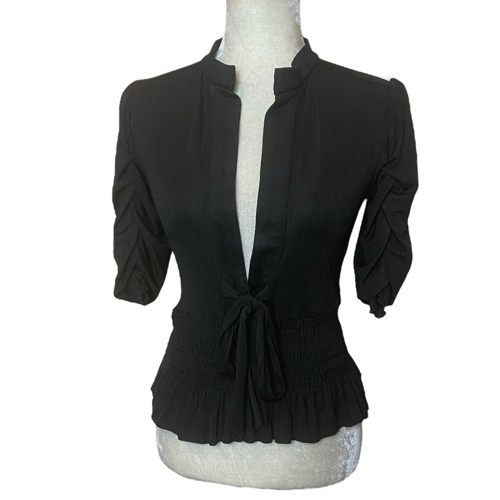 Co-me Como Black Smocked Top Bow Tie Front Ruched Short Sleeves Size Small